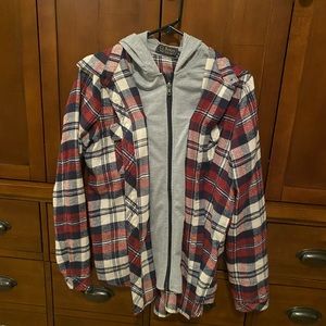 Womens Plaid jacket with grey hood and zipper.